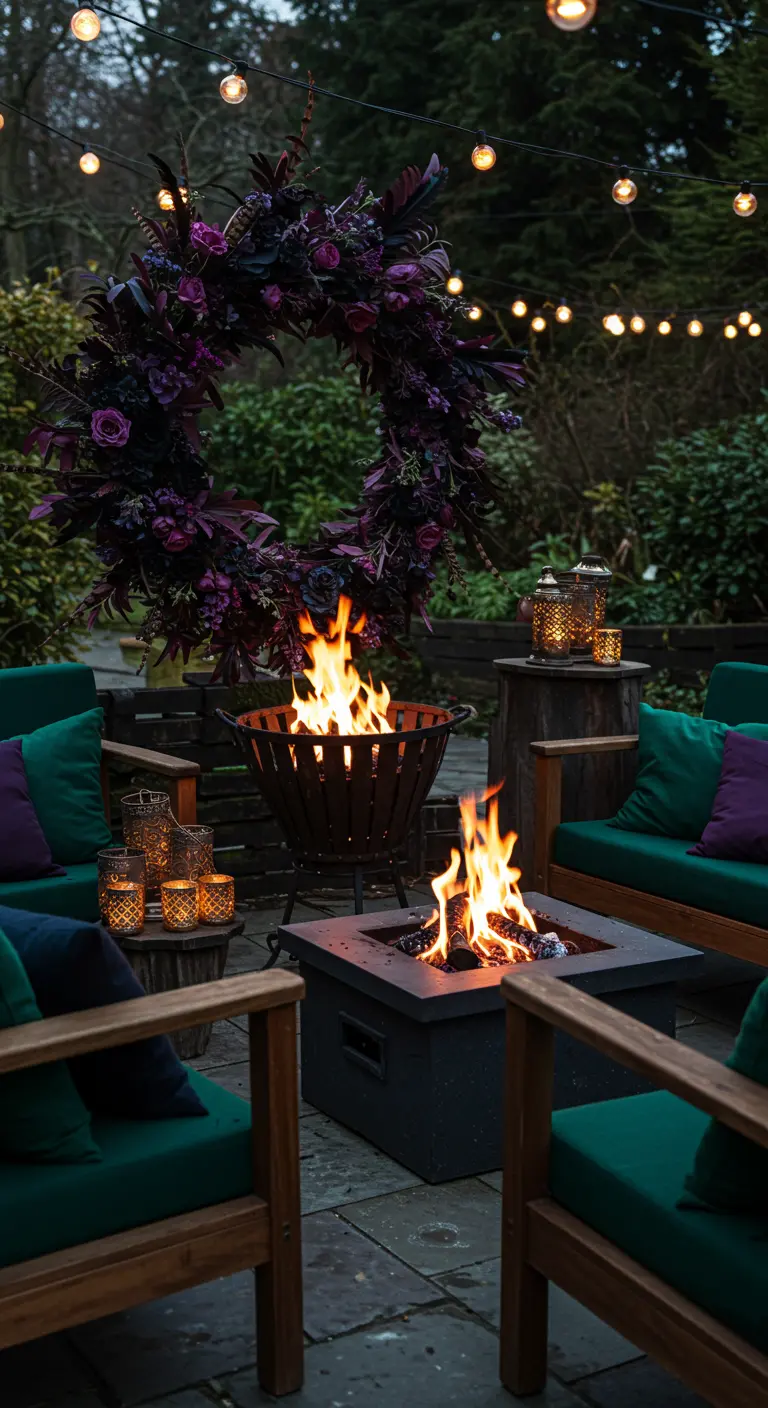 A chic patio with two fire pits, teal cushions, and a large, dramatic purple and black wreath.