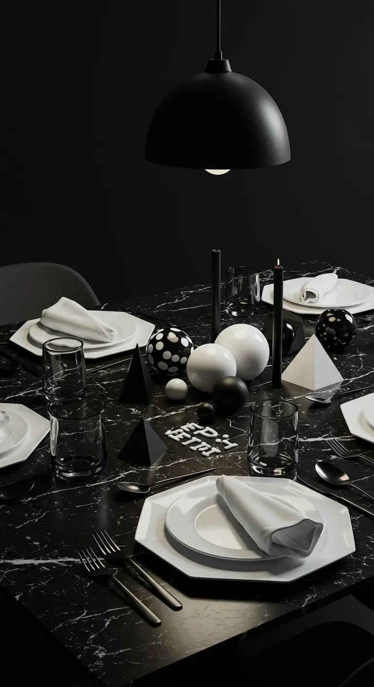 All-black table setting with geometric decor on a marble tabletop.