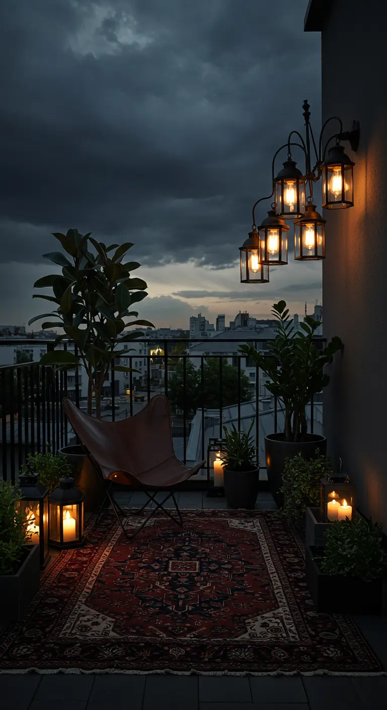 A dark, moody balcony with a leather butterfly chair, a Persian rug, and a large lantern sconce.