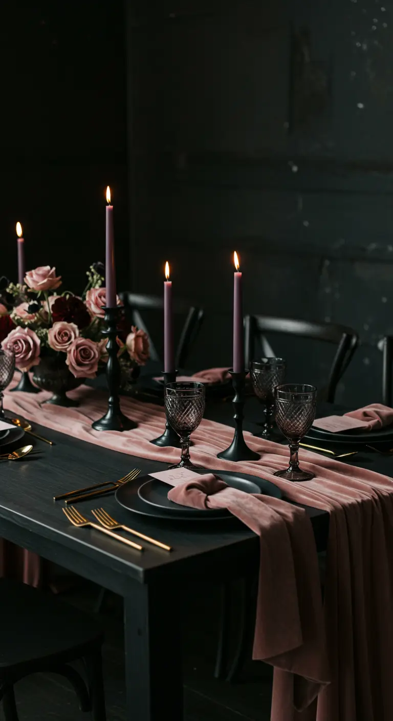 A dark, moody table setting with a black tablecloth, blush runner, black plates, and gold flatware.