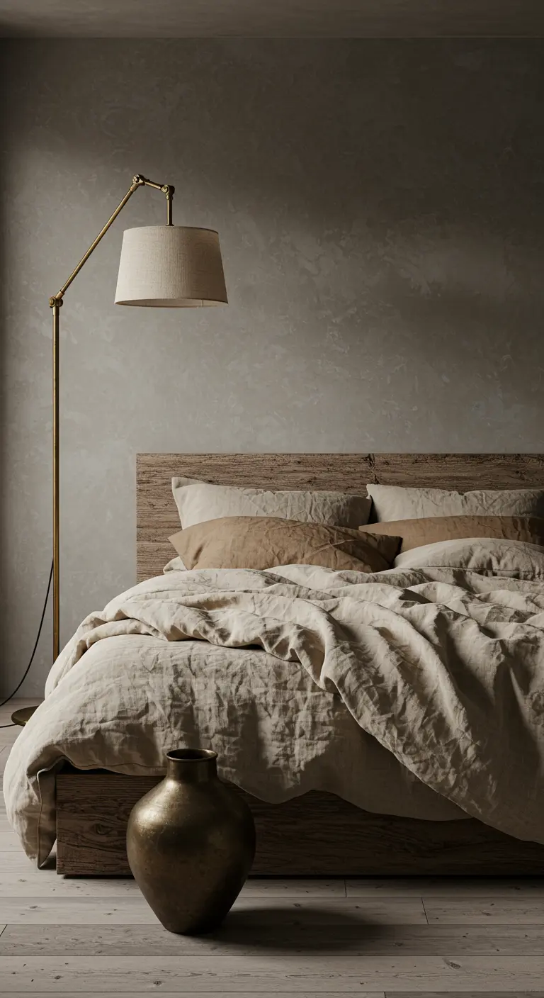 Low wooden bed with linen bedding and a brass floor lamp in a moody, textured room.