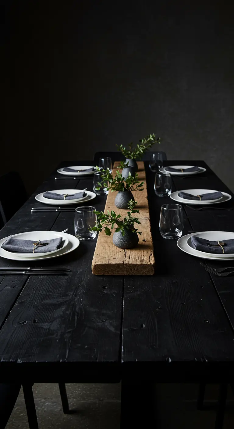 A matte black dining table with a wooden plank runner and small pots of greenery.