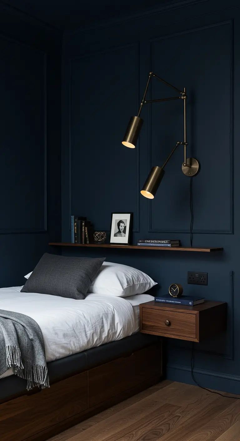Dark blue bedroom with a floating wood drawer and a dual-headed brass wall sconce.