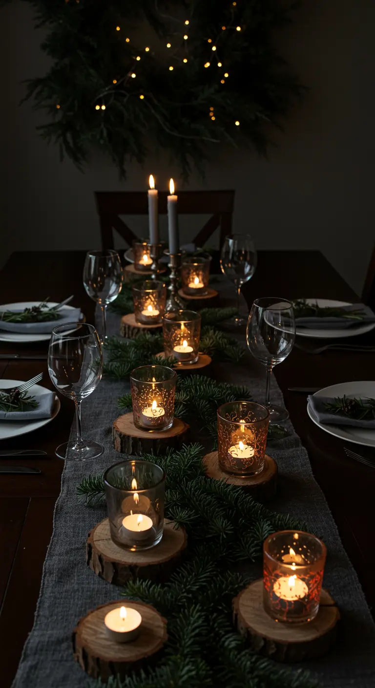Moody holiday table with a dark runner, evergreen sprigs, and many tealights on wood slices.
