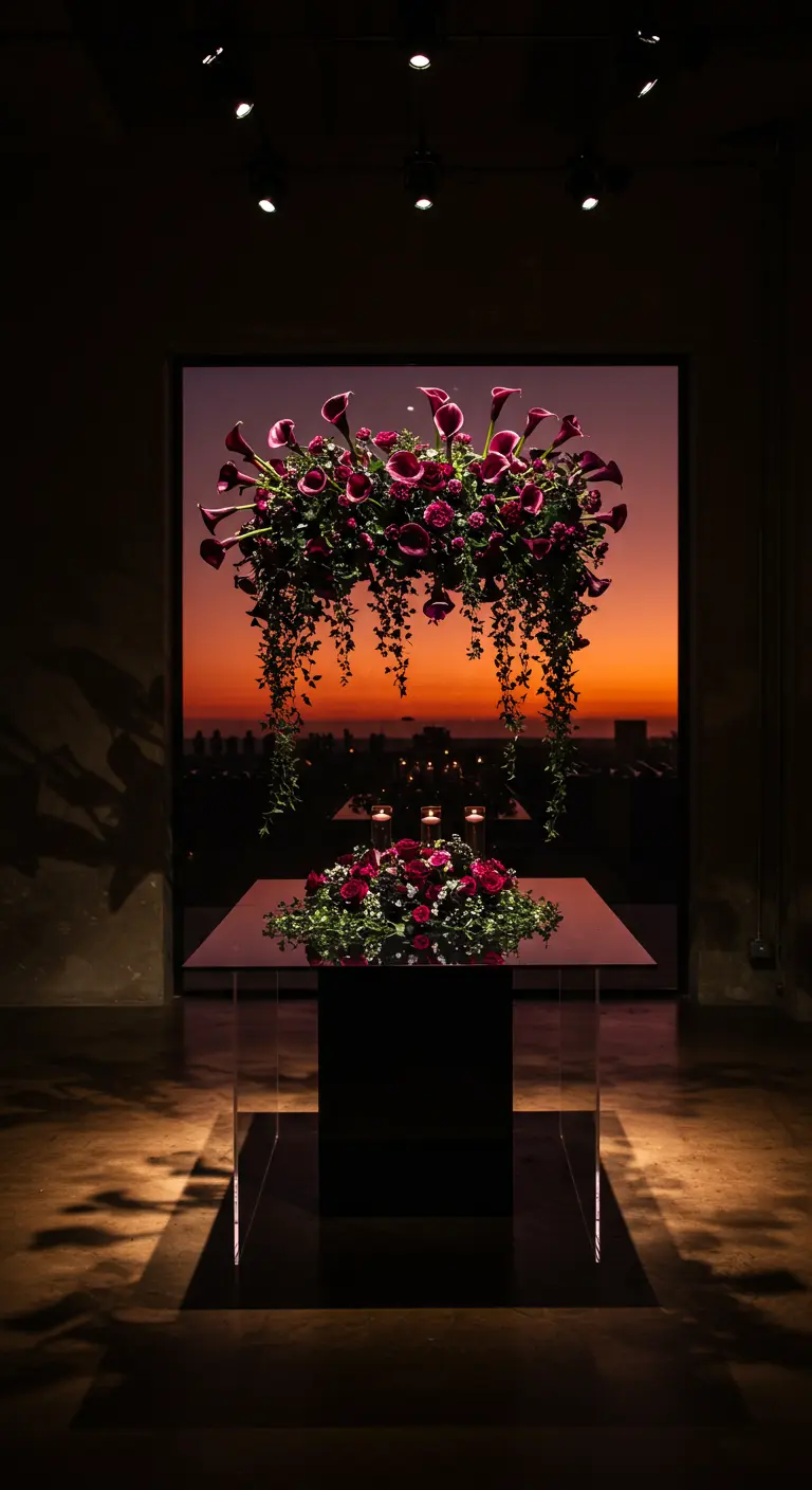 A dramatic chandelier of dark purple calla lilies and roses against a sunset backdrop.