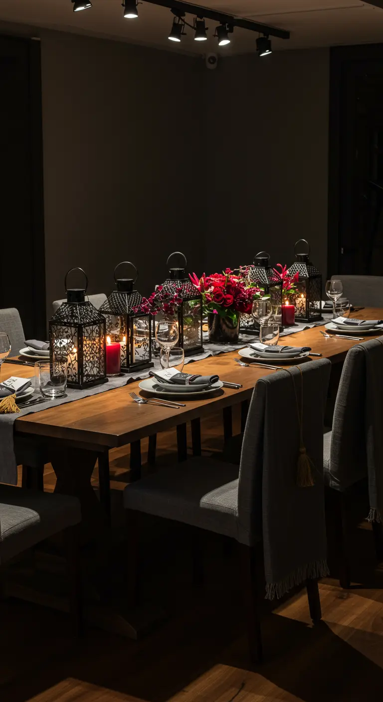 A candlelit dining table with black Moroccan lanterns, red flowers, and tasseled chairs.