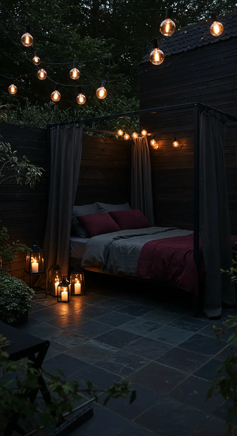 Dark canopy bed with charcoal curtains and burgundy bedding in a modern backyard.