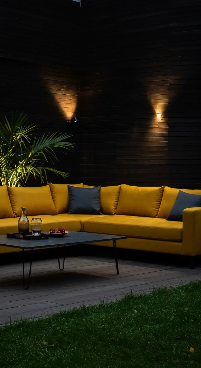 A mustard sectional against a black wood wall at night, illuminated by modern sconces.