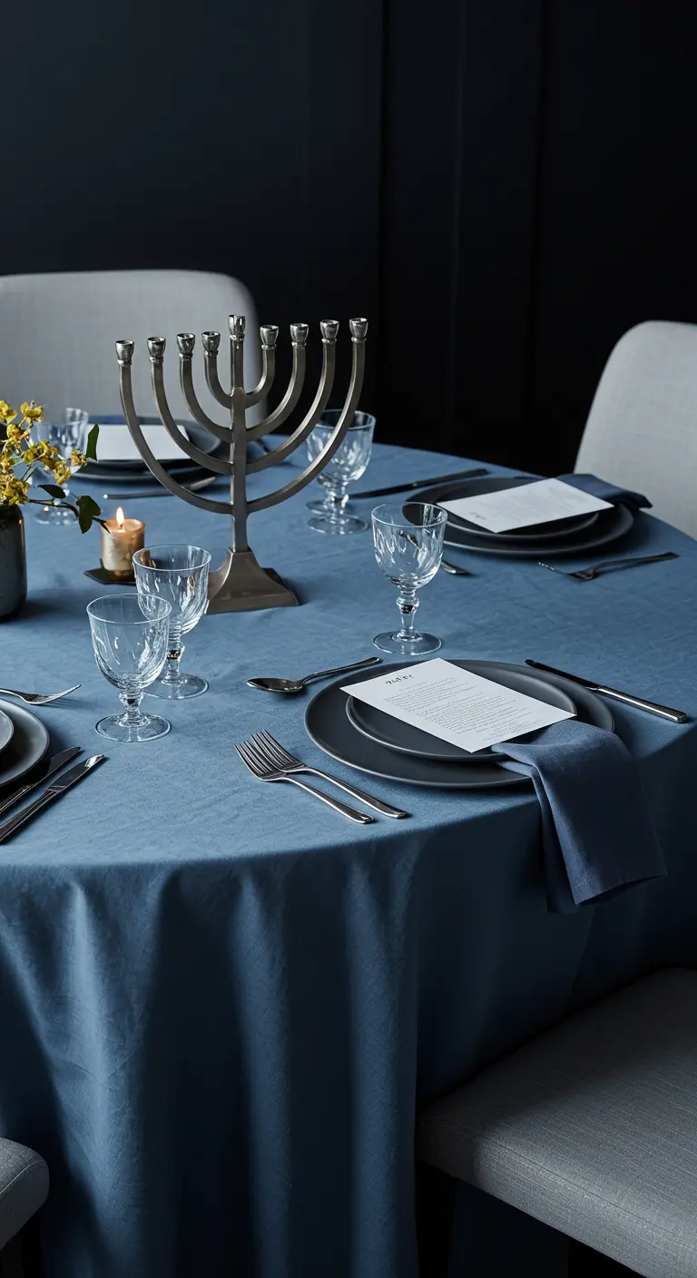 A sophisticated Hanukkah table setting with a monochromatic dusty blue color scheme.