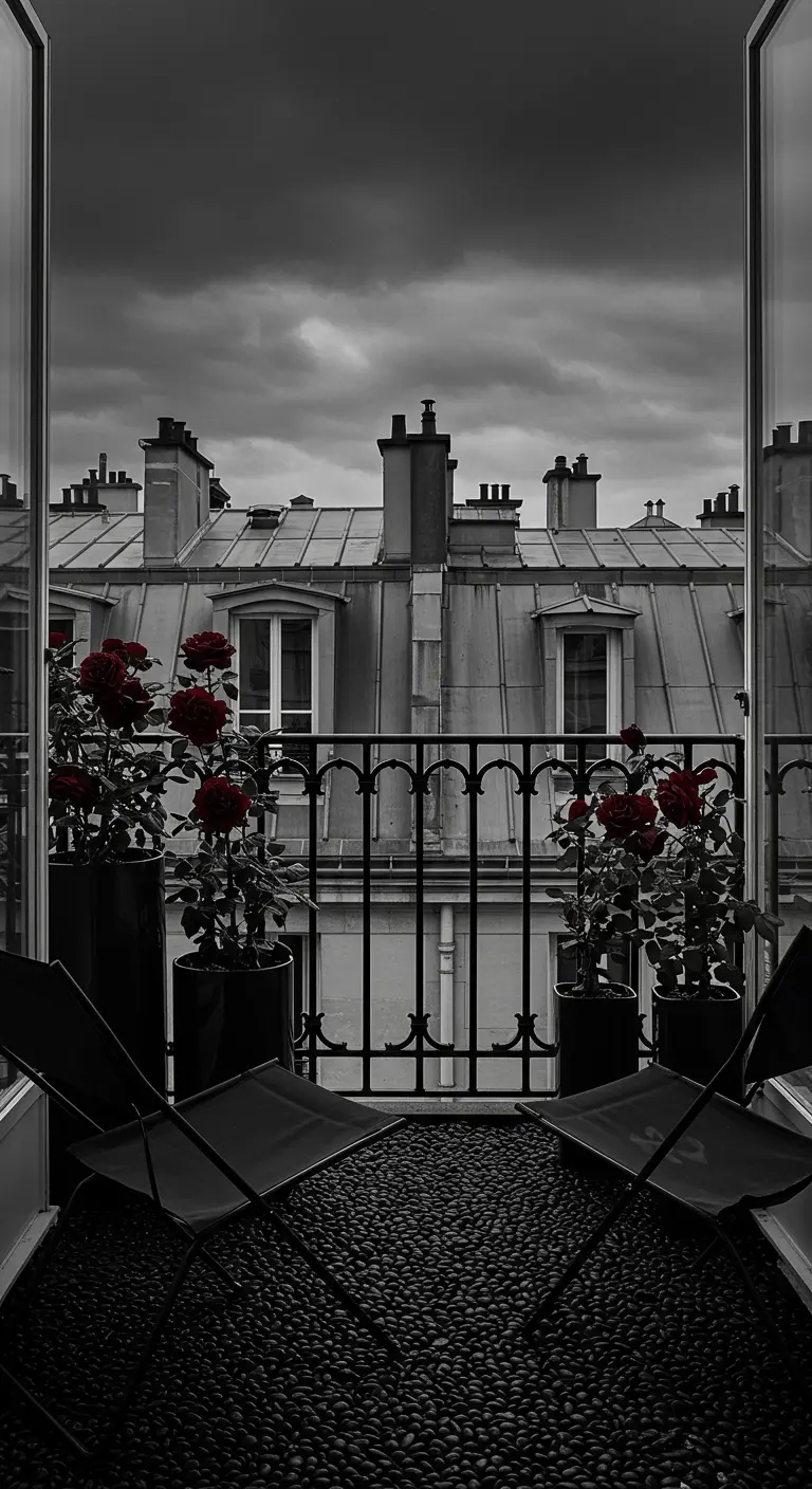 Moody black and white view of a balcony with dark red roses and modern black chairs.