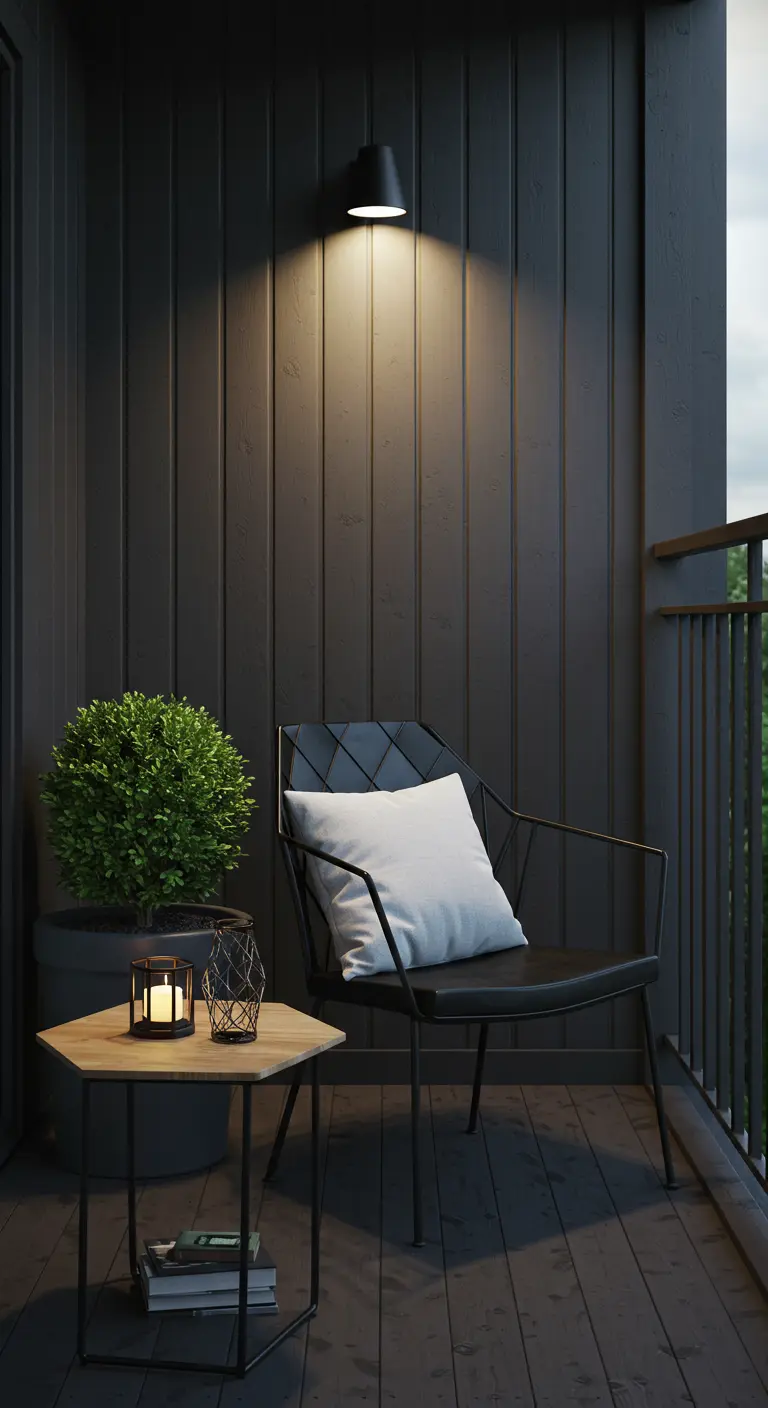 A balcony with black wood walls, a spotlight on a modern black chair, and a potted topiary.