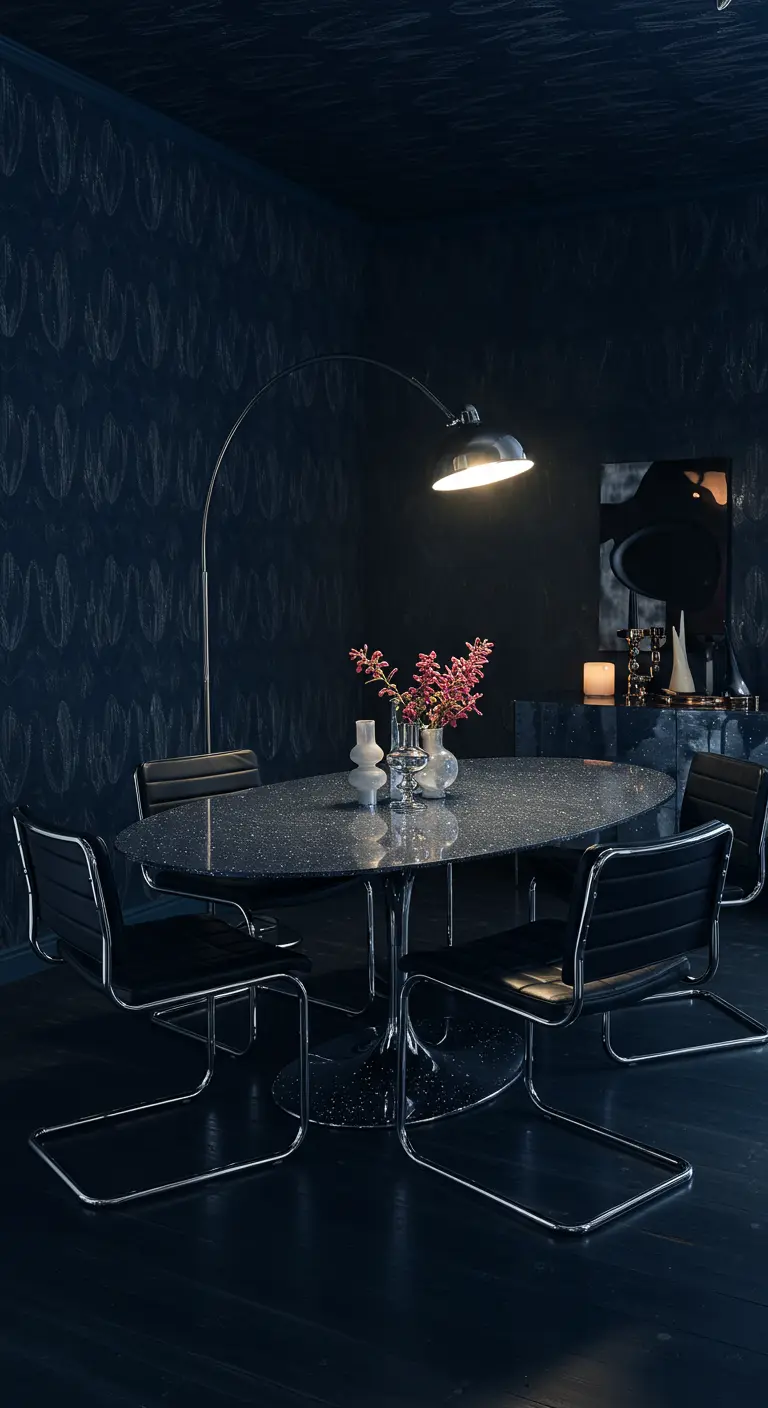 Dark and moody dining room with a speckled black table and a large chrome arc lamp.