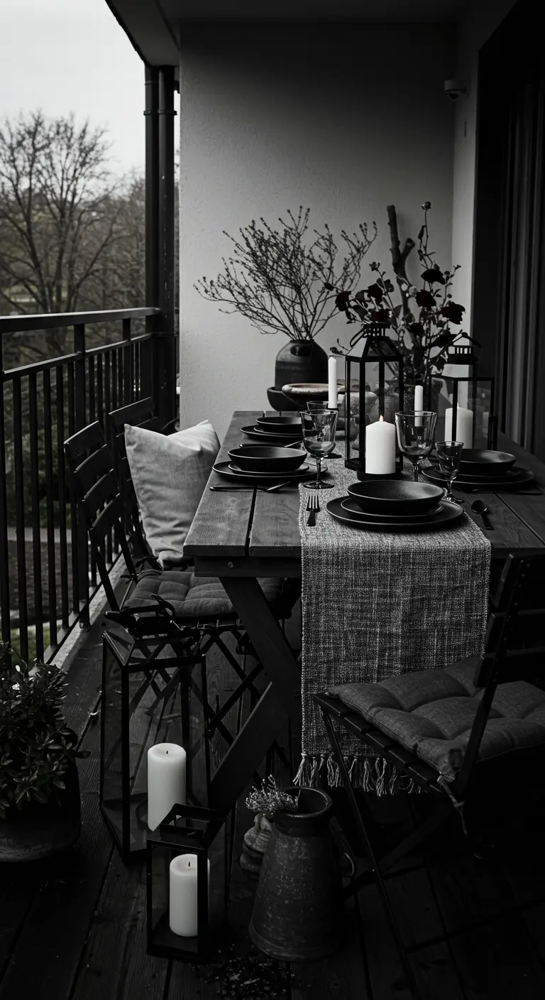A monochrome balcony tablescape with black dinnerware and lanterns.