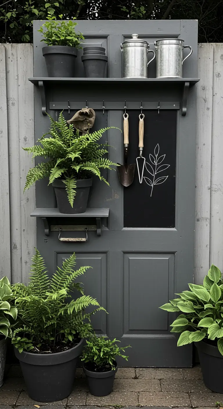 A chic, dark gray potting station adorned with ferns and hostas in matching gray pots.
