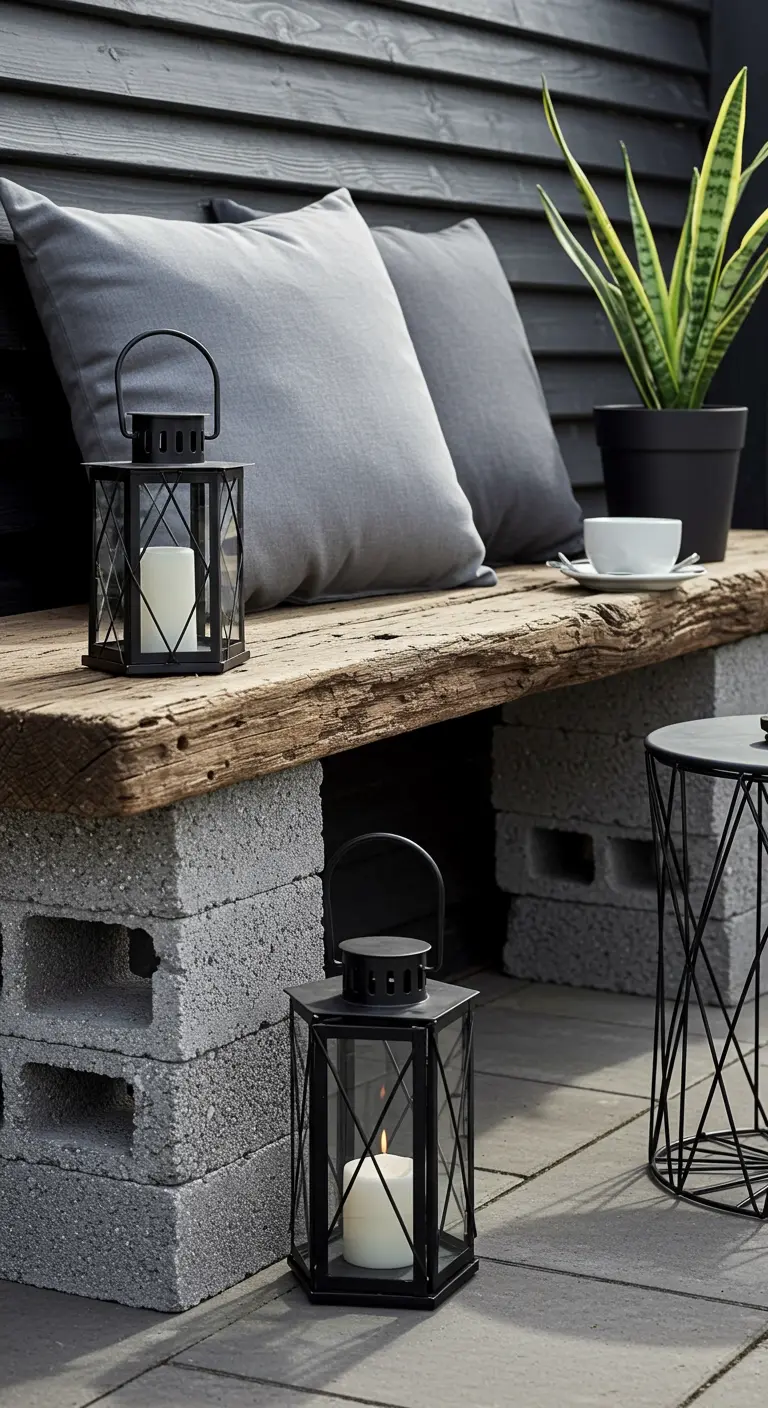 A cinder block bench with gray pillows, black lanterns, and a snake plant against a black wall.