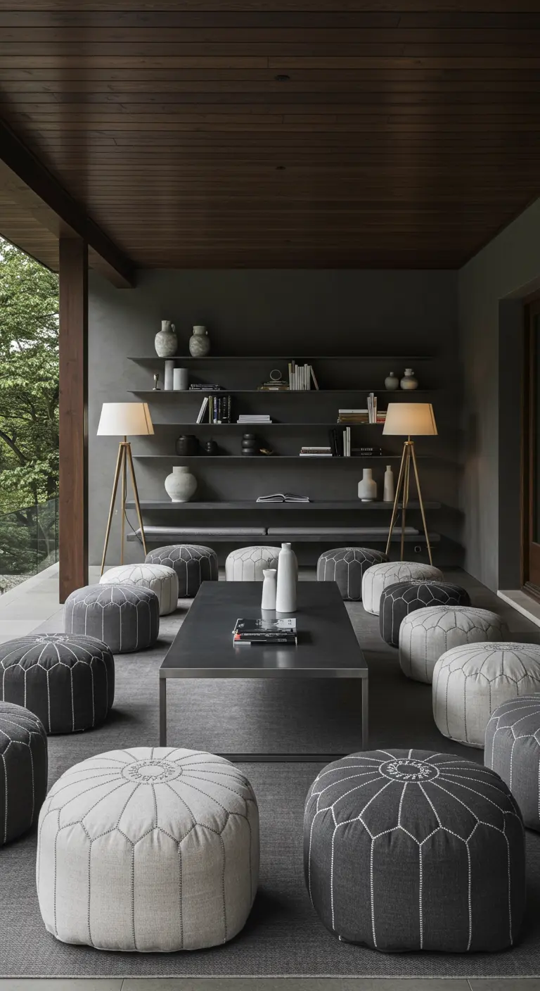 Grey and white poufs on a dark rug in a modern, moody covered patio with sleek shelving.