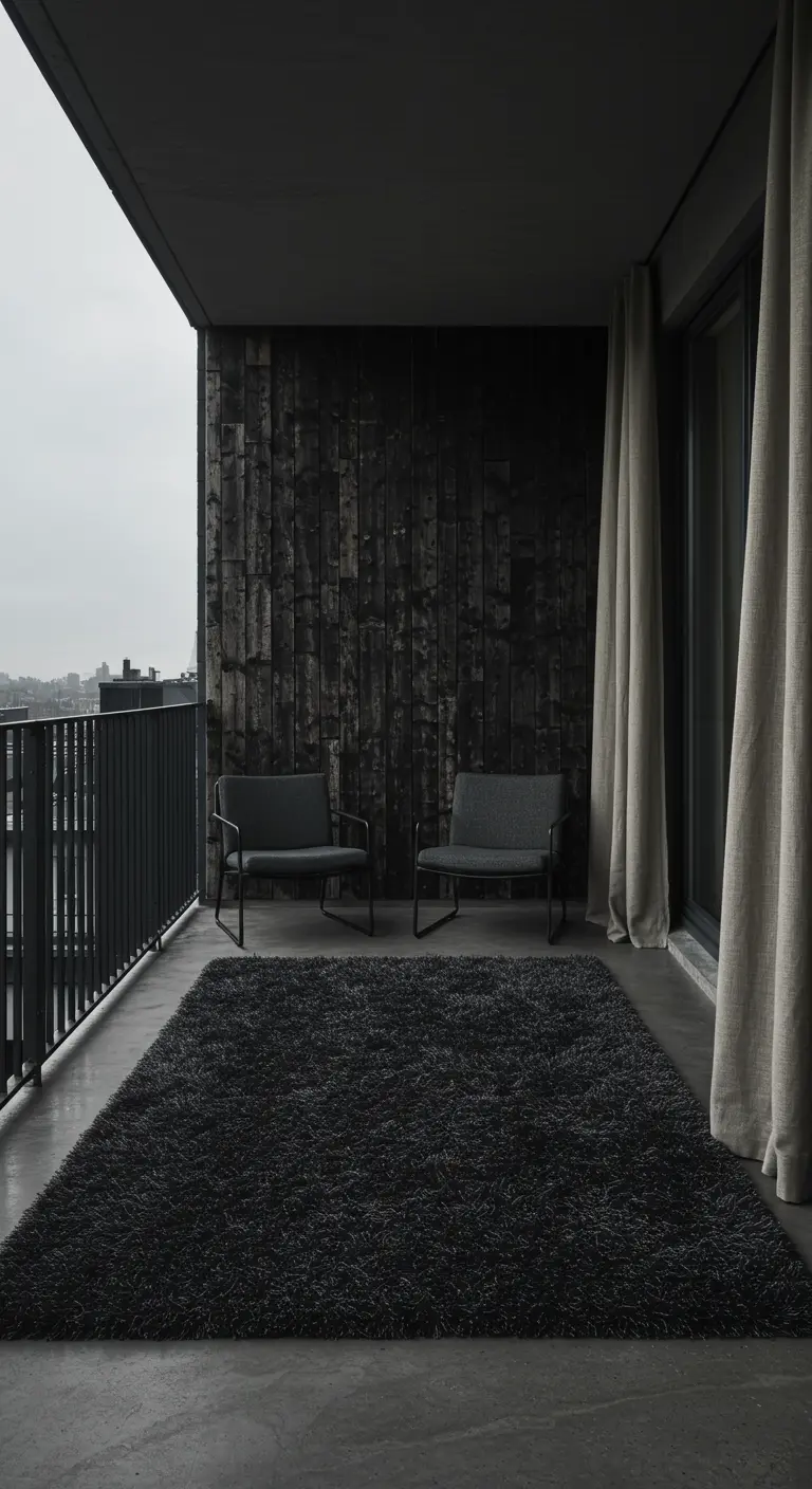 A moody, dark gray balcony with a charcoal shag rug and minimalist black chairs.