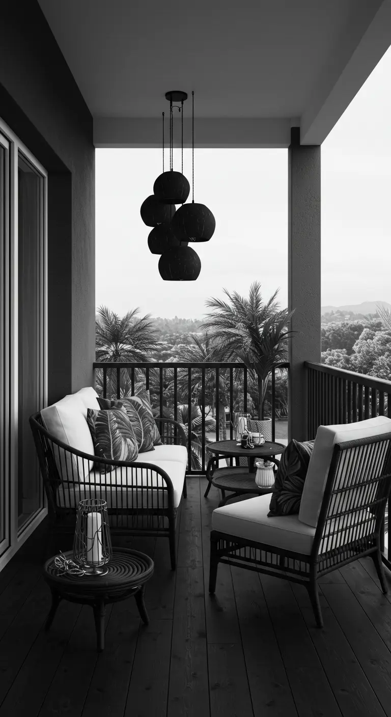 A black-and-white photo of a balcony with dark rattan furniture and tropical pillows.