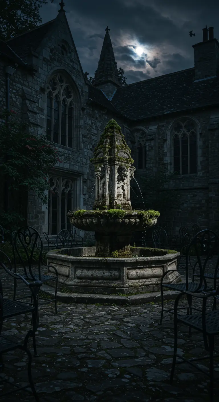 Gothic stone fountain in a castle courtyard at night under a full moon.