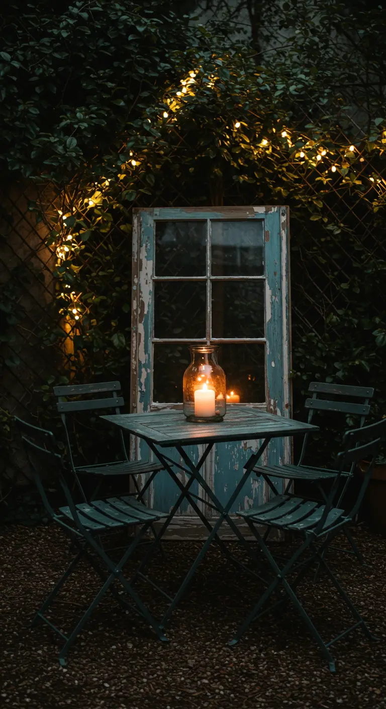 A weathered blue window frame reflects the light from a large candle on a moody, dark patio at night.