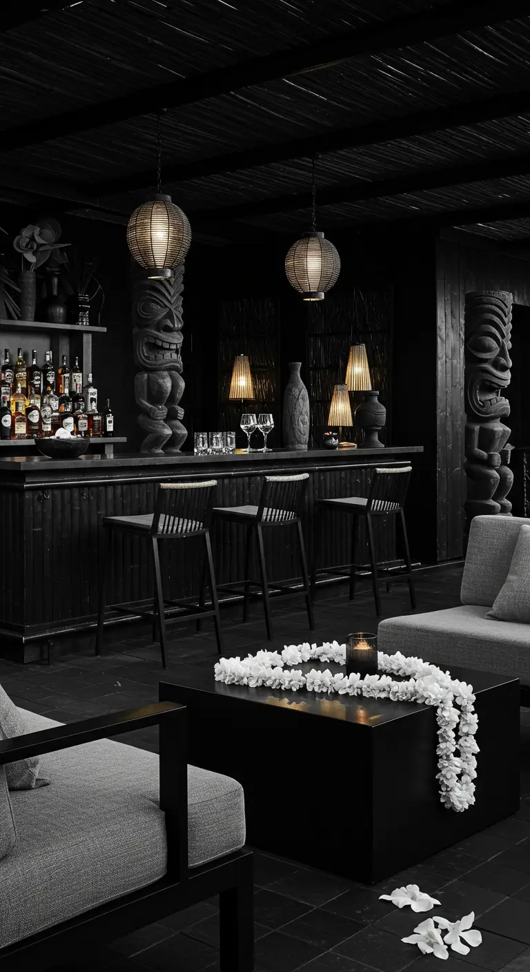 A sophisticated, all-black tiki bar lounge with soft lighting and a white floral lei.