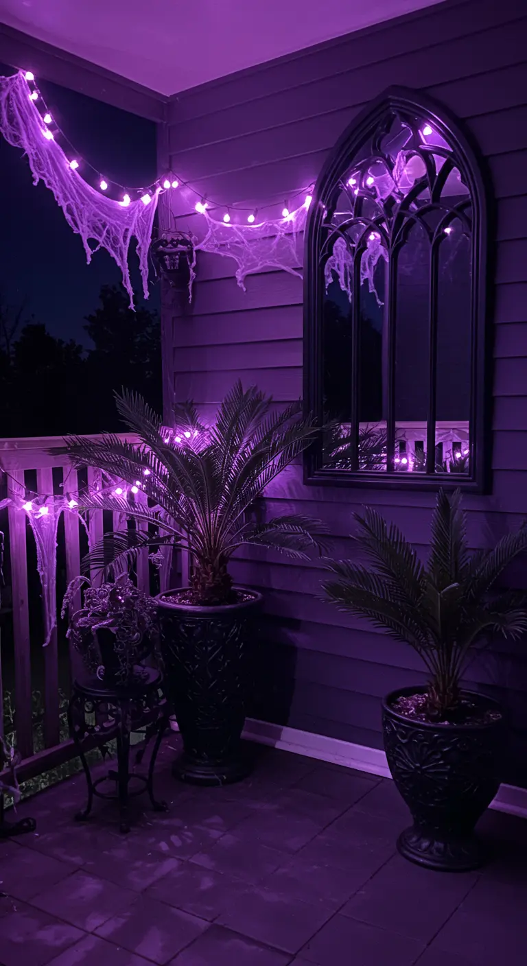A balcony at night lit with purple lights, featuring a Gothic arch mirror and cobwebs.