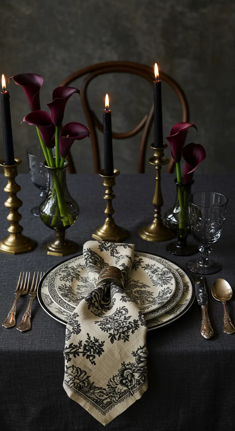 Moody tablescape with black calla lilies, black candles, and black-and-white toile.