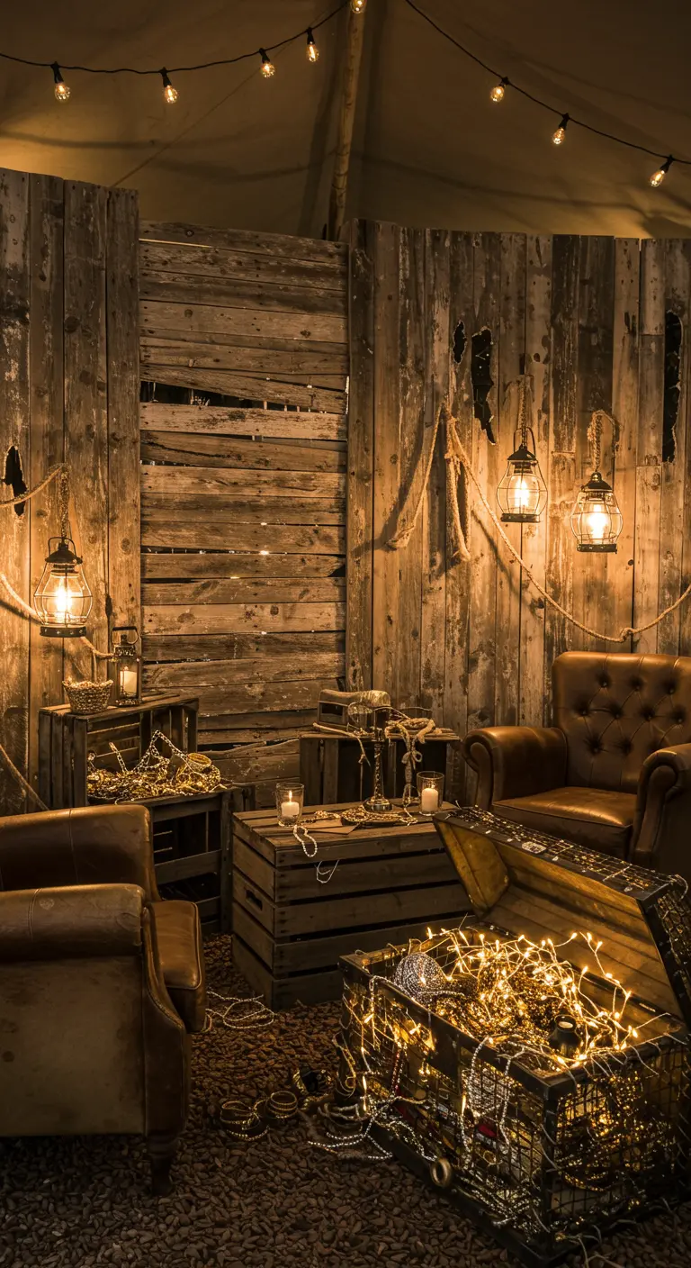 A moody, pirate-themed corner with a treasure chest overflowing with lights and gold.