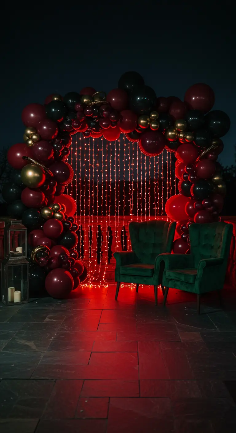A dramatic balloon arch in burgundy and black with red lights framing two green velvet chairs.