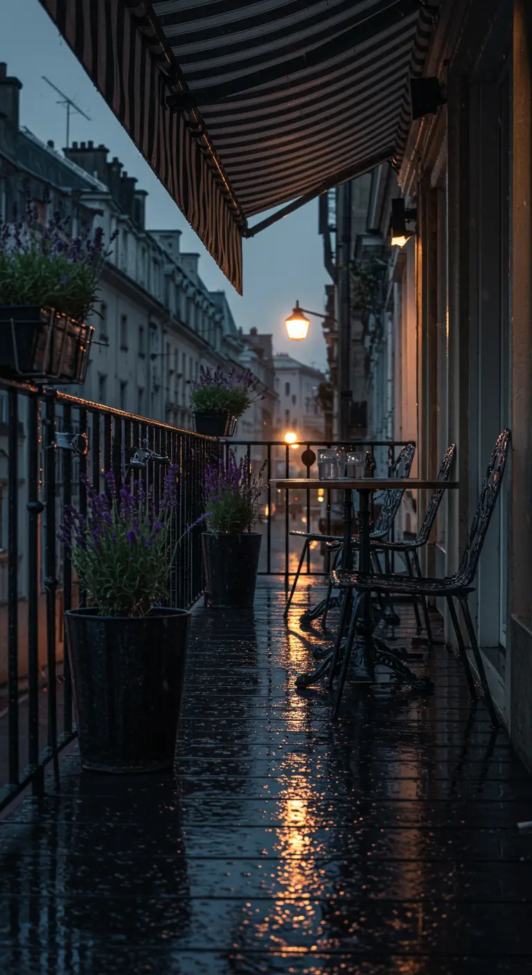 A dark, rainy balcony at dusk with wet floors reflecting streetlights and a bistro set.