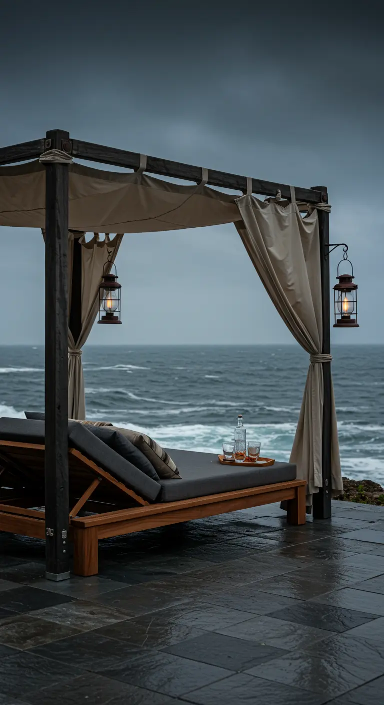 Dark wood daybed with charcoal cushions and a beige canopy on a slate patio overlooking a stormy sea.