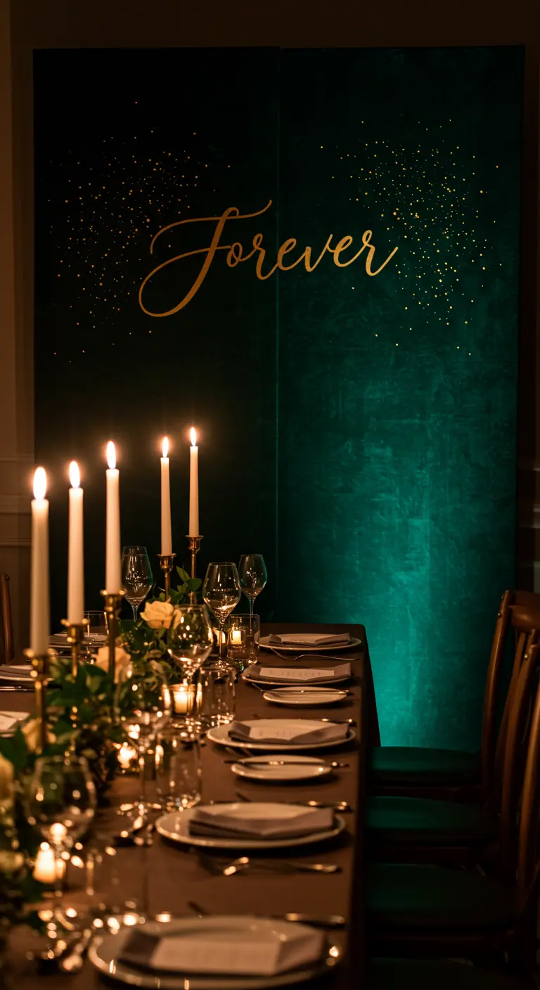 Dark green velvet backdrop with 'Forever' in gold script