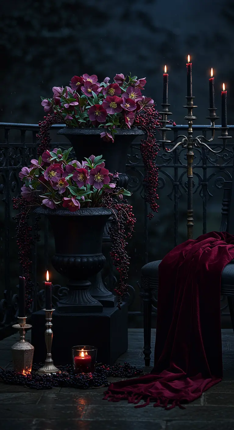 Gothic balcony with dark flowers in black urns, a candelabra, and velvet throw.