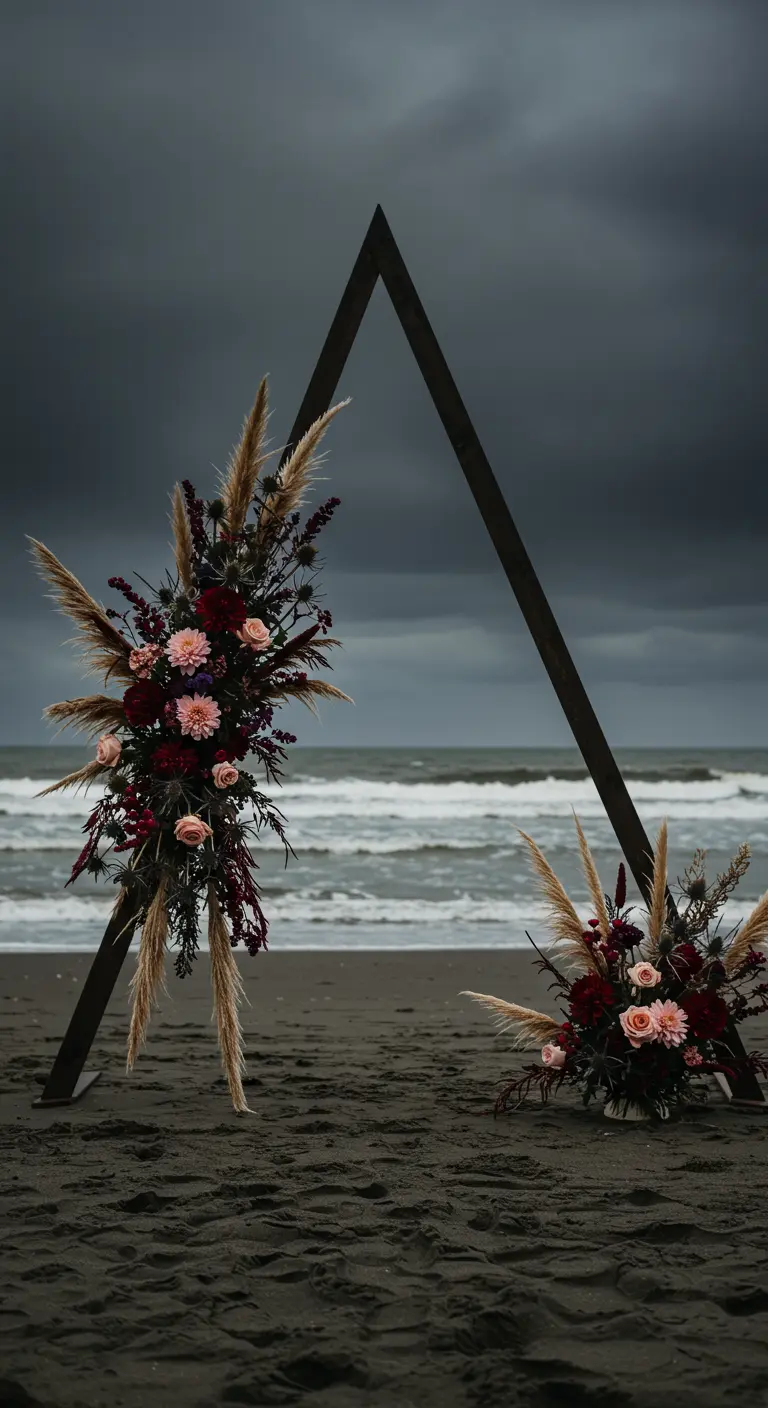 A dark A-frame wedding arch on a beach with a stormy sky.