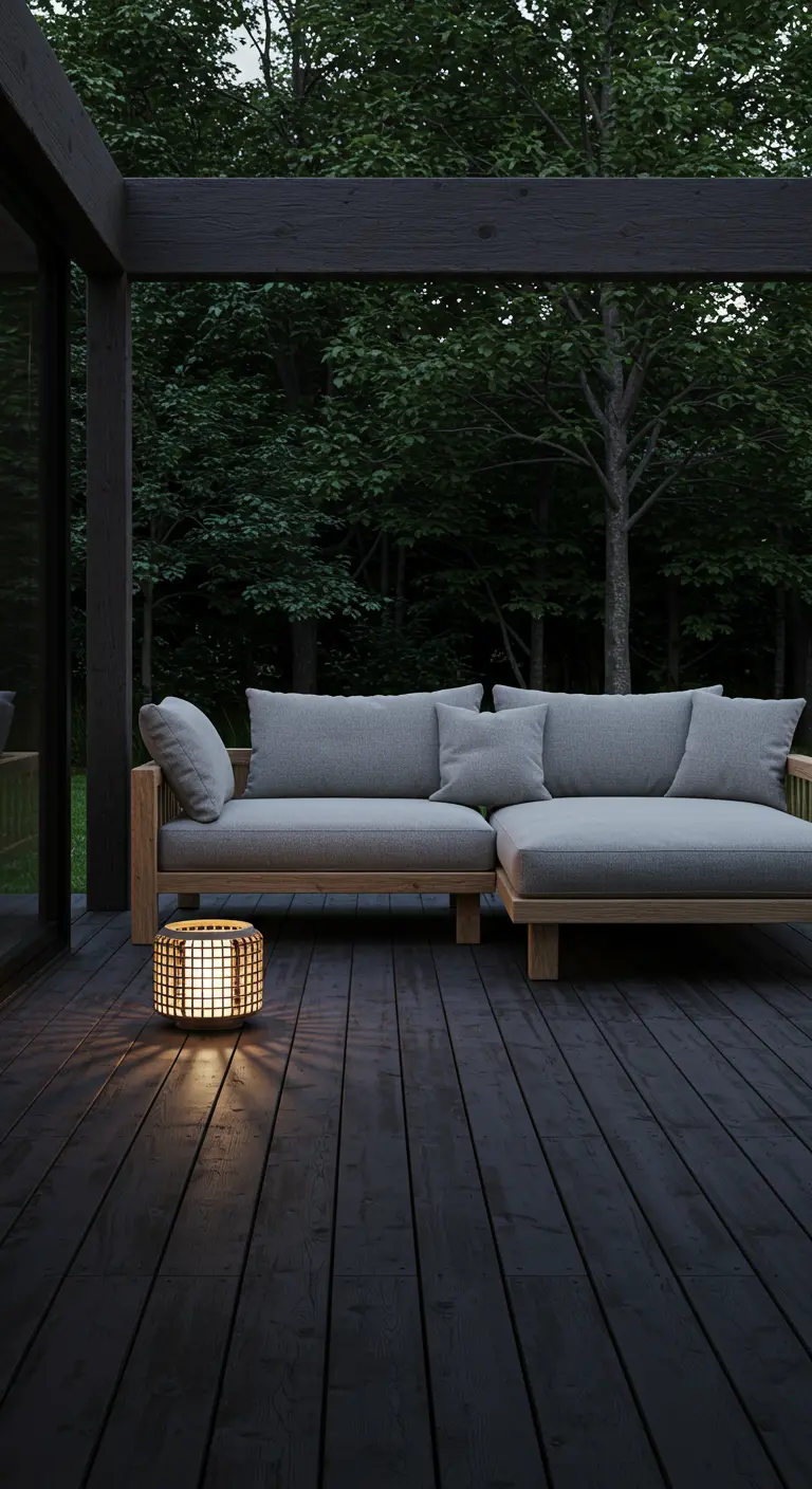 A minimalist dark wood deck at dusk with a sectional sofa and a single glowing floor lantern.