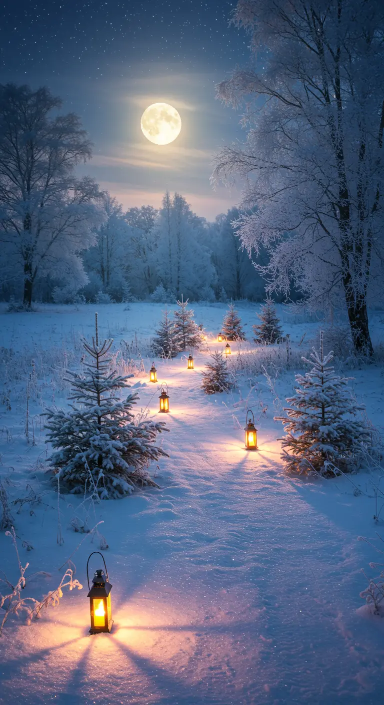 Lanterns lighting a snowy path through a field under a full moon.