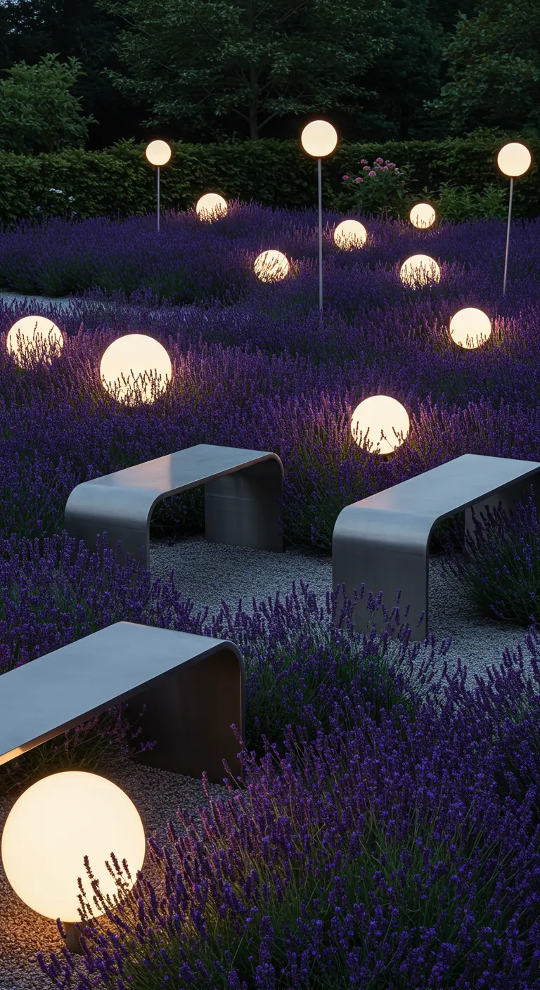Modern silver benches and glowing globe lights scattered in a lavender field.
