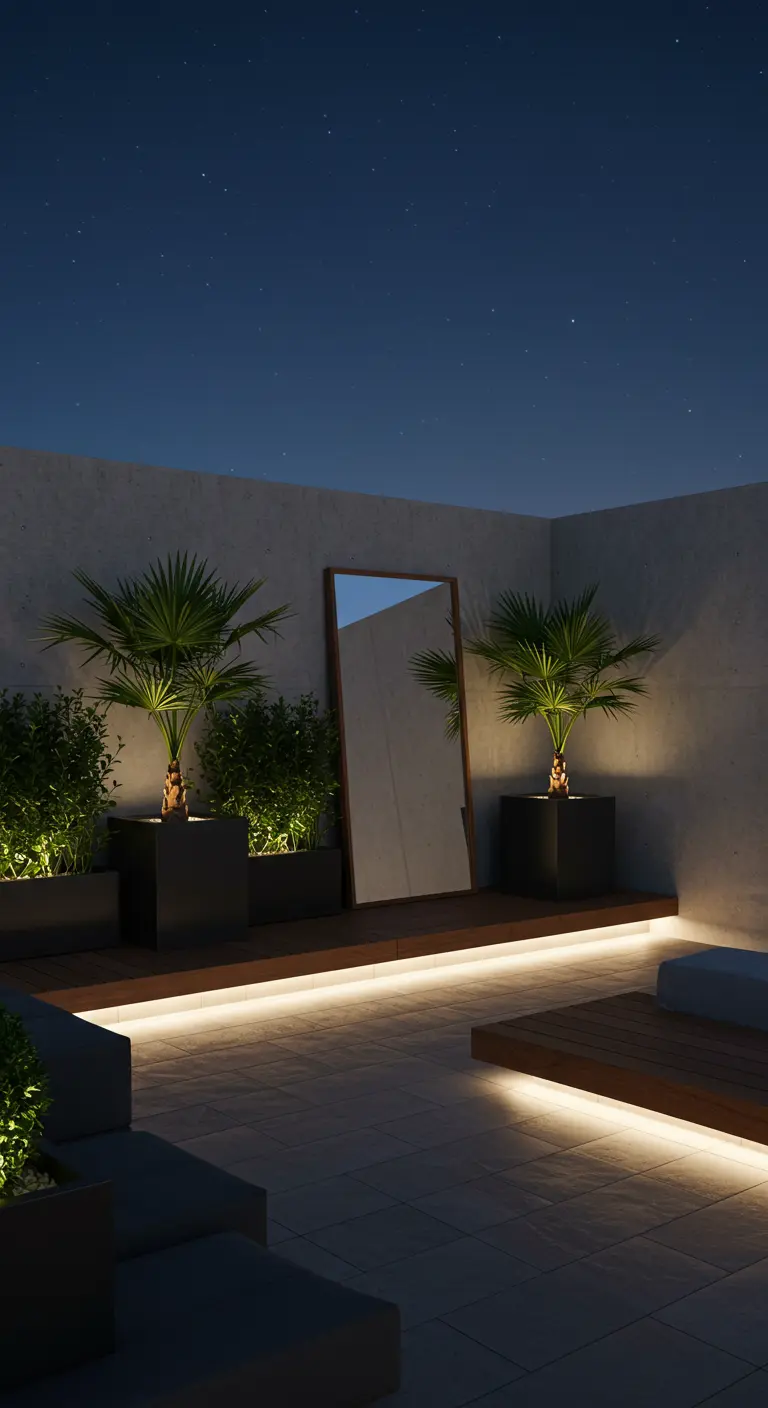 A minimalist terrace at night with glowing LED strip lights under a bench and a large mirror.