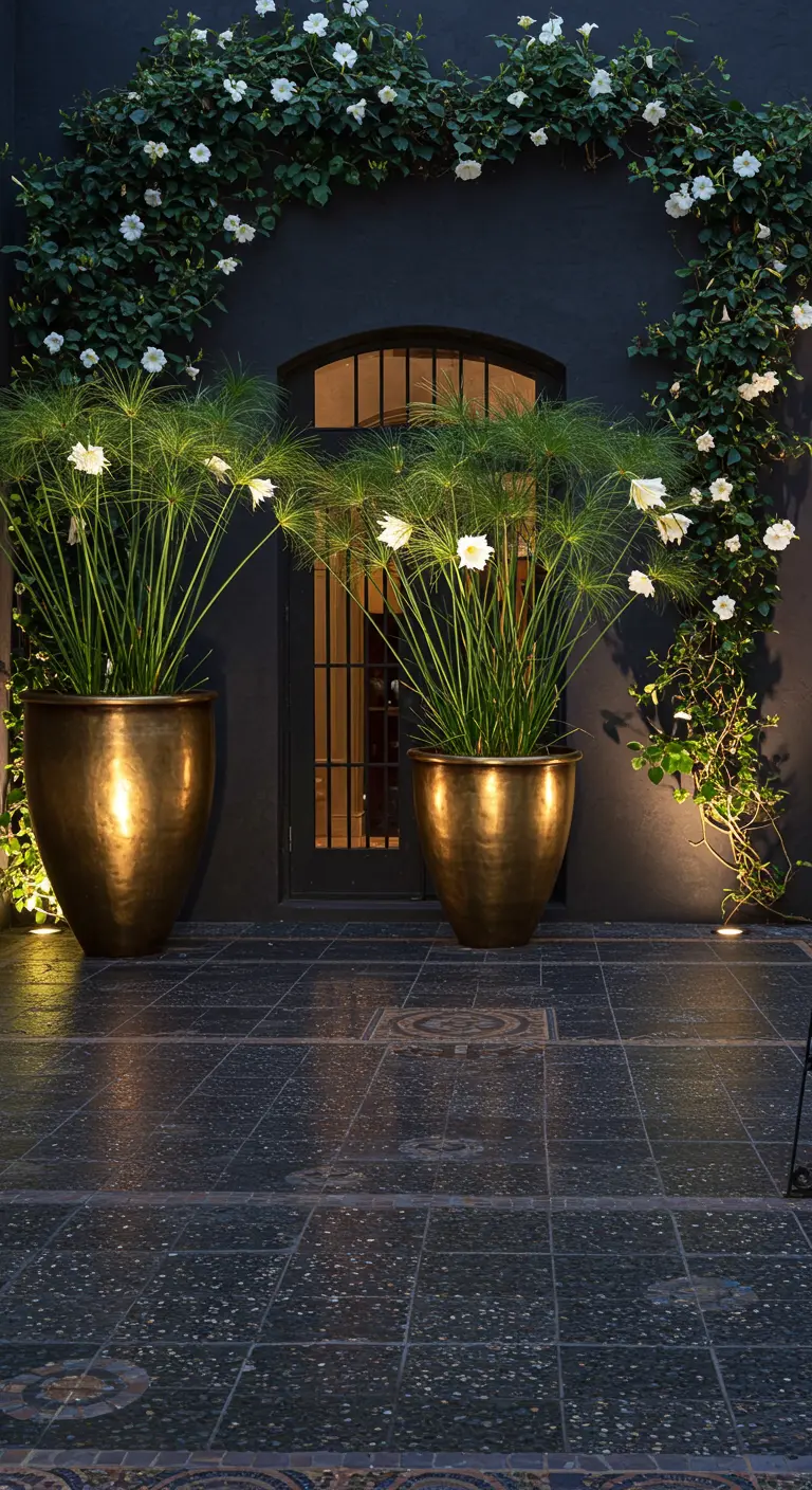 A dark courtyard at night with two large brass pots of papyrus lit from below.