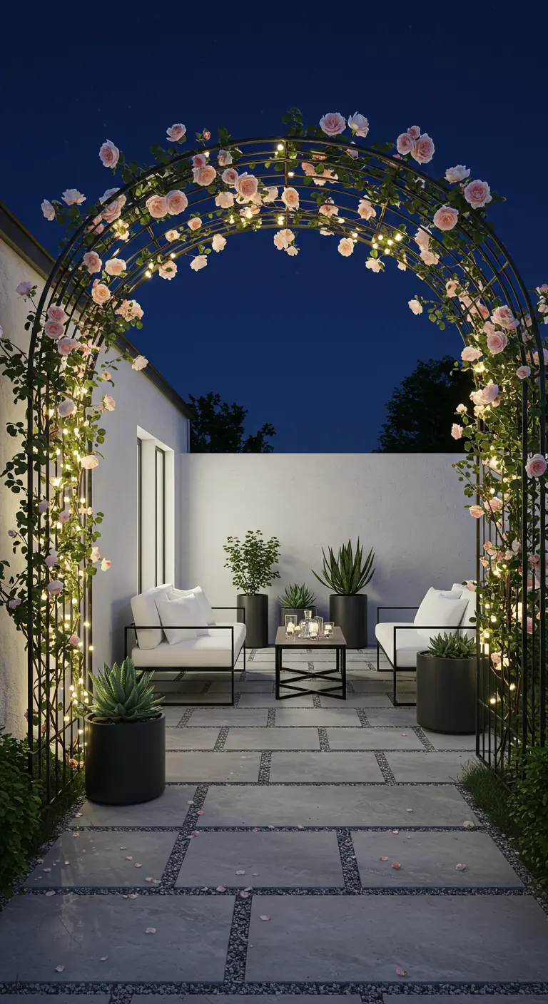 Black metal arch with light pink climbing roses and delicate fairy lights on a modern patio.