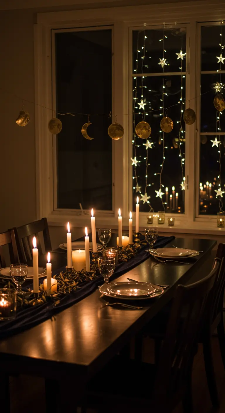 Candlelit dinner table with a moon phase garland and star lights in the window.