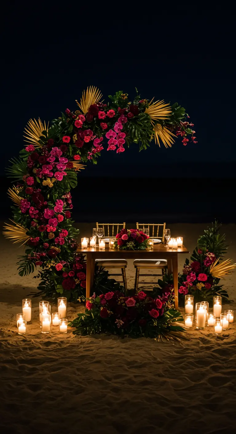 A floral arch on a beach at night, framing a table for two surrounded by candles.