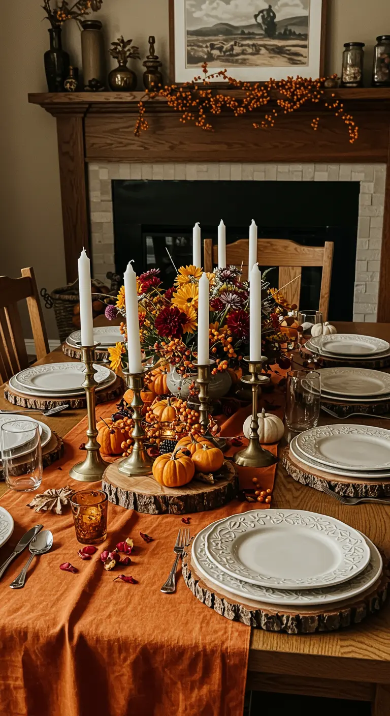 An abundant autumn table with an orange runner, many pumpkins, and brass candlesticks.