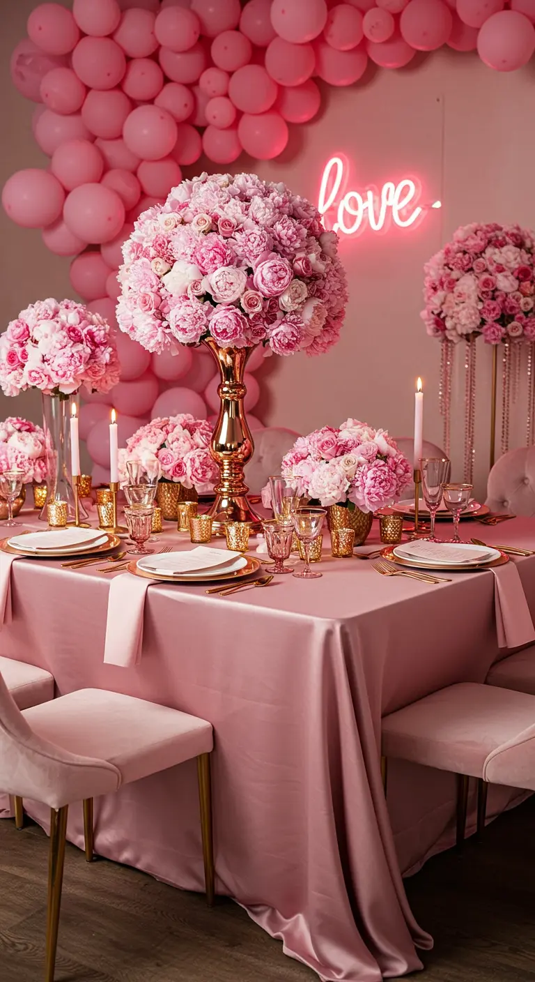All-pink room with a massive floral centerpiece and a neon 'love' sign.