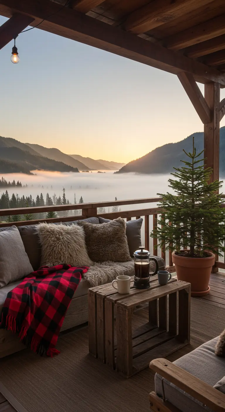 Balcony sofa with plaid blanket and crate table overlooking a foggy valley at sunrise.