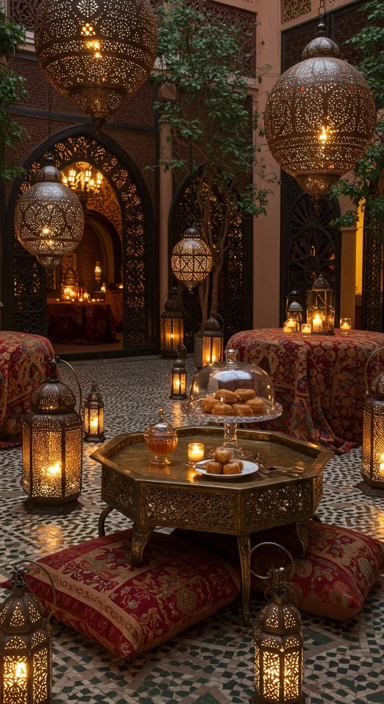A Moroccan courtyard filled with intricate lanterns, low seating, and a dessert table with pastries.
