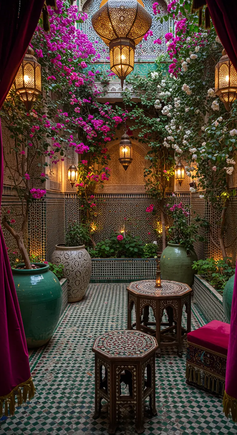 Moroccan-style courtyard with intricate tiling, bougainvillea, jasmine, lanterns, and carved tables.