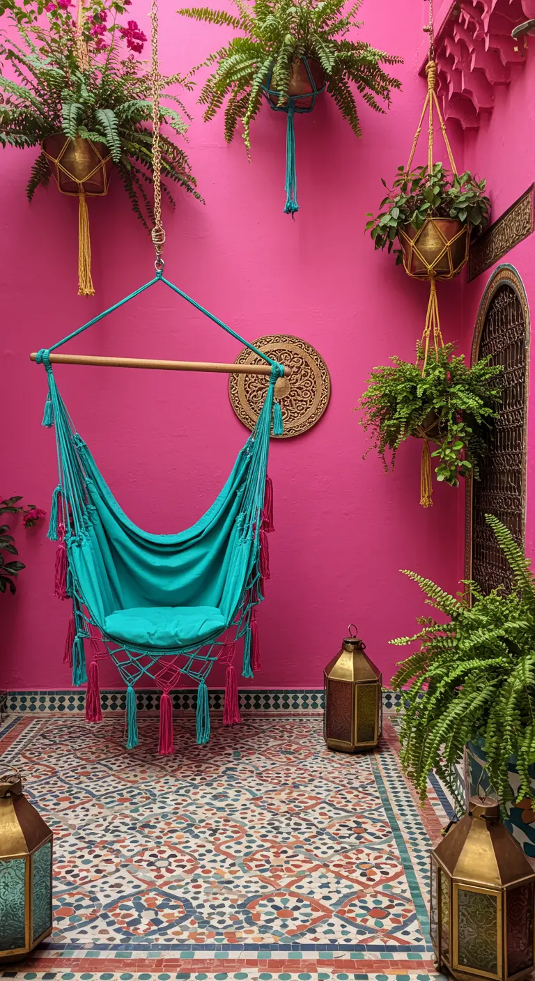 A turquoise hammock chair against a bright pink wall in a Moroccan-style courtyard.