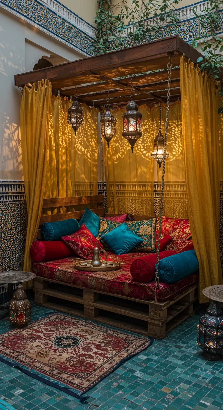 Pallet swing bed with rich red and teal Moroccan textiles and hanging lanterns.