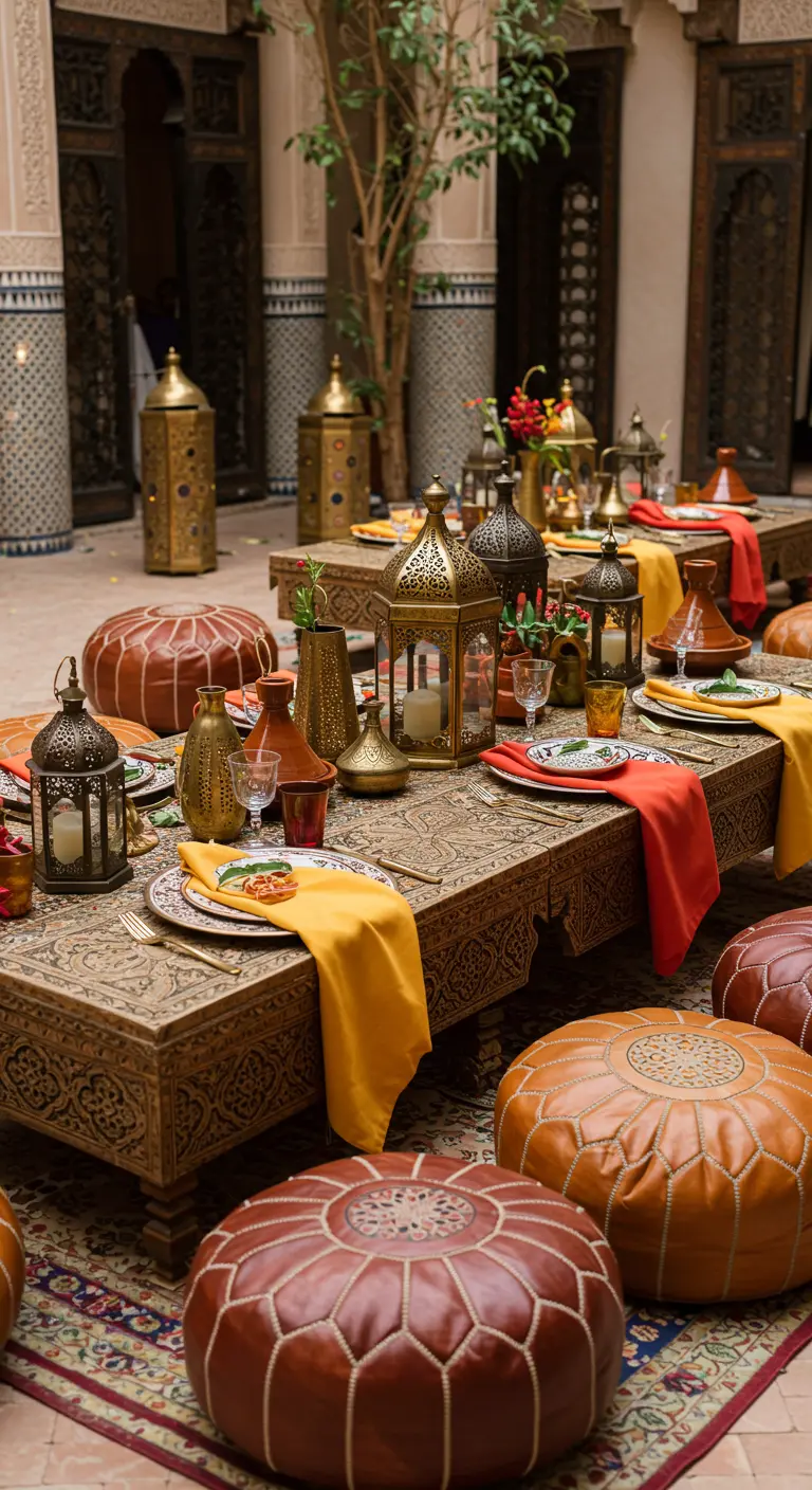 Moroccan-style low dining table with lanterns and leather poufs.